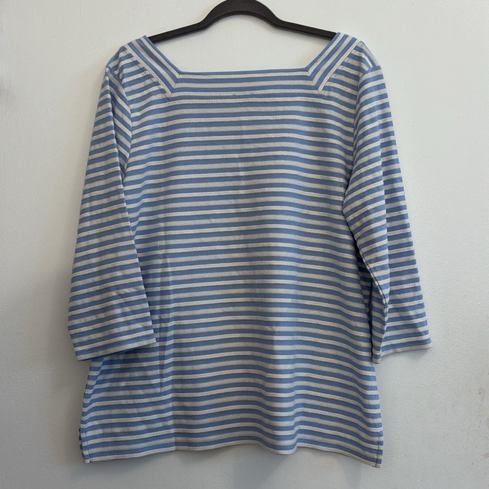 NWT Talbots Plus Blue and White Striped Top with Square Neckline and 3/4 Sleeves - Picture 2 of 7